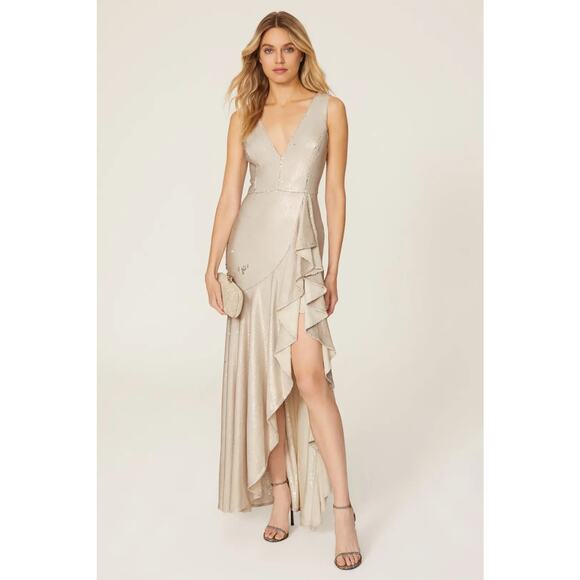 Badgley Mischka Ruffled Sequin Gown 2 - Picture 1 of 12